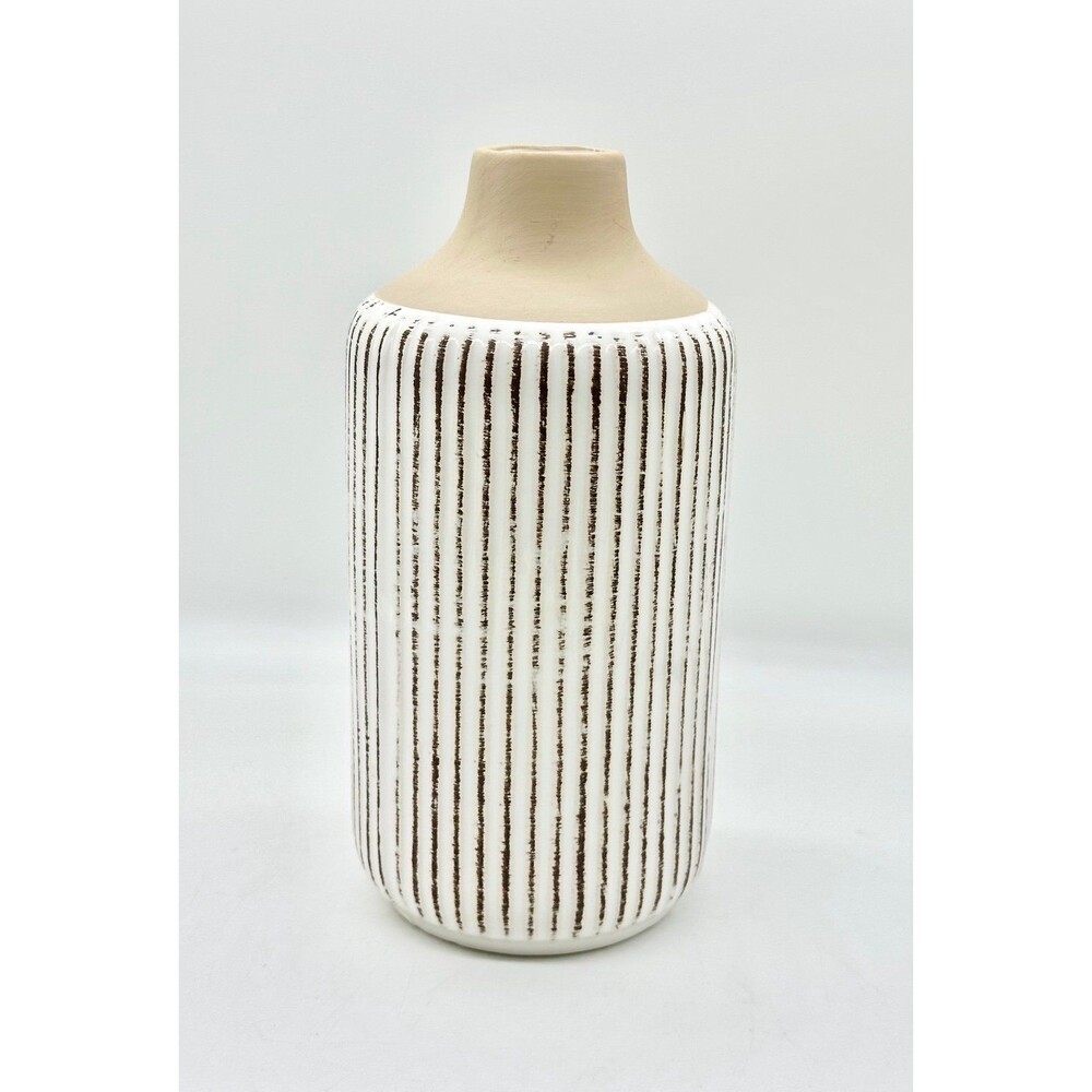 Tan White Striped Stoneware Ceramic Vase